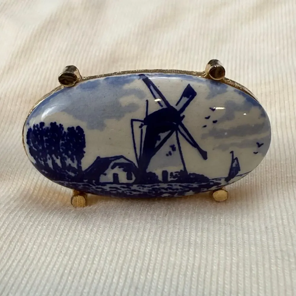 Anson Vintage Dutch Delft Blue White Windmill Cuff Links Gold Tone Back